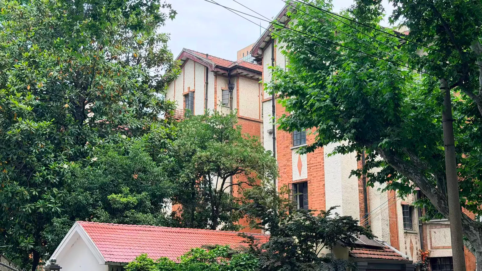 树木环绕的红顶建筑